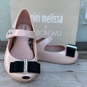 Mini Melissa Pink Patent Mary Jane Flats with Black Bow